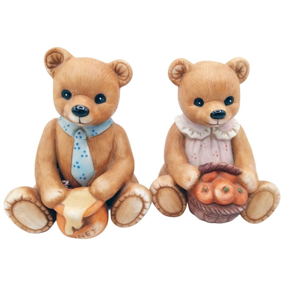 Homco Bears Mama Apple Basket Papa Honey Pot 4 inches Vintage 1980s Autumn Fall